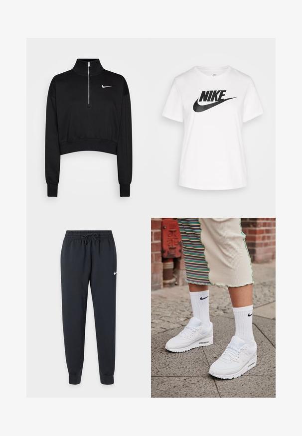 Sweatshirt noir court avec un col haut, fermeture à moitié zippée, poignets en côte et un petit logo Nike blanc sur la poitrine gauche. Texture de tissu doux.; T-shirt en coton blanc avec un col rond, des manches courtes et un grand logo Nike noir imprimé sur la poitrine. Texture lisse et design décontracté.; Pantalon de survêtement Nike noir avec taille élastique et cordon, jambes fuselées, chevilles bord-côte et petit logo Nike blanc sur la cuisse droite.; Baskets Nike Air Max 90 blanches avec une tige en maille et cuir, dotées d'une unité d'air visible, accompagnées de chaussettes blanches côtelées avec un logo noir.