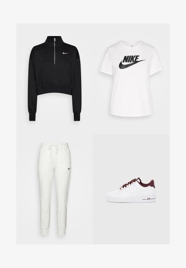 Sort cropped sweatshirt med høje krave, halv lynlås, ribbede manchetter og et lille hvidt Nike-logo på venstre bryst. Blød stoftekstur.; Hvid bomulds t-shirt med rund hals, korte ærmer, og et stort sort Nike-logo trykt på tværs af brystet. Glat tekstur og afslappet design.; Hvide bomulds sweatpants med elastisk talje, snøre og sort Nike logo på venstre side. Tætsiddende manchetter ved anklerne.; Hvide læder sneakers med mørkerøde accenter, der har runde snørebånd, en polstret krave og teksturerede gummisåler. "AIR" trykt på siden.