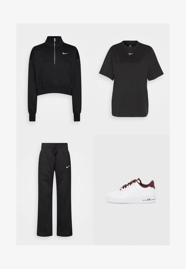 Zwarte cropped sweatshirt met een hoge kraag, halve rits, geribde manchetten en een klein wit Nike-logo op de linkerkant van de borst. Zachte stoffen textuur.; Zwarte katoenen t-shirt met korte mouwen, ronde hals en een witte Nike swoosh logo op de borst. Eenvoudig, ontspannen ontwerp.; Zwarte sweatpants van een katoenmix, voorzien van een tailleband met koord, rechte pijpen, en een wit Nike-logo aan de linkerzijde.; Witte leren sneakers met donkerrode accenten, voorzien van ronde veters, een gevoerde kraag en een gestructureerde rubberen zool. "AIR" gedrukt op de zijkant.