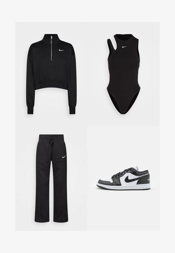 Zwarte cropped sweatshirt met een hoge kraag, halve rits, geribde manchetten en een klein wit Nike-logo op de linkerkant van de borst. Zachte stoffen textuur.; Nike Sportswear BODYSUIT TANK - Top - black/white; Zwarte sweatpants van een katoenmix, voorzien van een tailleband met koord, rechte pijpen, en een wit Nike-logo aan de linkerzijde.; Zwart-witte Nike lage sneakers hebben een glad leren bovenwerk, een ronde neus, vetersluiting en een gestippelde rubberen zool.
