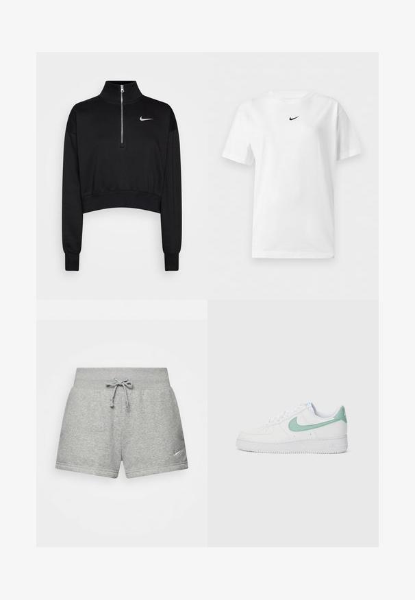Schwarzer, kurzer Sweatshirt mit hohem Kragen, halbem Reißverschluss, gerippten Bündchen und kleinem weißen Nike-Logo auf der linken Brust. Weicher Stoff.; Weißes T-Shirt mit kurzen Ärmeln und Rundhalsausschnitt, mit einem kleinen schwarzen Nike Swoosh-Logo zentriert nahe dem Kragen.; Graue Sportshorts aus weichem Material mit einem elastischen Bund und Kordelzug sowie einem kleinen Nike-Logo auf der unteren linken Seite.; Weiße Leder-Sneaker mit einem mintgrünen Nike-Swoosh und Ferseneinsatz, strukturiertem Außensohlen und klassischem Schnürdesign.