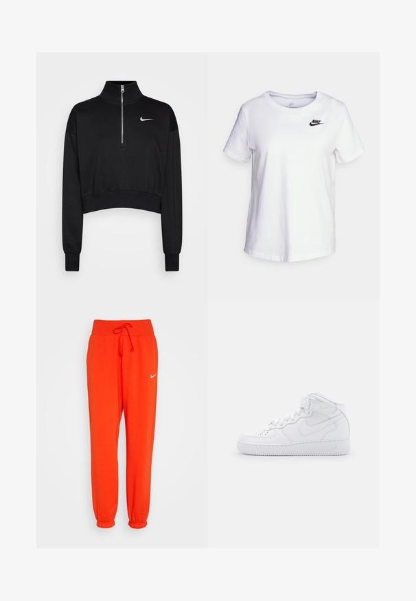 Čierny skrátený sveter s vysokým golierom, polovičným zipsom, rebrovanými manžetami a malým bielym logom Nike na ľavej hrudi. Mäkká textúra látky.; Biela bavlnená tričko s kulatým výstrihom a krátkymi rukávmi. Má čierne logo Nike na hornej ľavej oblasti hrudníka.; Nike Sportswear W PHNX FLC HR OS - Tepláky - picante red/sail; Biele vysoké tenisky vyrobené z kože s polstrovaným golierom, perforovanou špičkou, šnúrkami a nastaviteľným popruhom na členku; logo na boku.