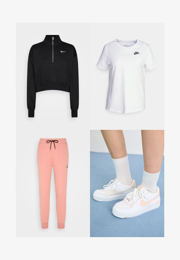 Zwarte cropped sweatshirt met een hoge kraag, halve rits, geribde manchetten en een klein wit Nike-logo op de linkerkant van de borst. Zachte stoffen textuur.; Witte katoenen t-shirt met een ronde halslijn en korte mouwen. Bevat een zwart Nike-logo op de bovenlinker borst.; Roze taps toelopende sweatpants met zwart koord, zijzakken, boorden bij de enkels en klein zwart Nike-logo op het bovenbeen.; Witte sneakers met perzikkleurige accenten, glad leren bovenwerk, geperforeerde neus, textuurzool en veters. Draag ze met witte crew-sokken op een blauwe ondergrond.