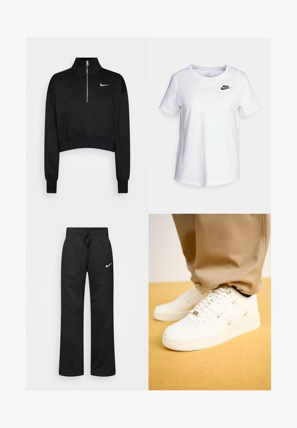 Sudadera negra corta con cuello alto, cierre de media cremallera, puños acanalados y un pequeño logo blanco de Nike en el lado izquierdo del pecho. Textura de tejido suave.; Camiseta de algodón blanca con cuello redondo y mangas cortas. Presenta un logotipo negro de Nike en la parte superior izquierda del pecho.; Pantalones de chándal negros hechos de una mezcla de algodón, con una cintura elástica ajustable, piernas rectas y un logo blanco de Nike en el lado izquierdo.; Zapatillas de piel blanca con puntera perforada, acentos dorados y cordones planos, combinadas con pantalones beige sobre una superficie amarilla texturizada.