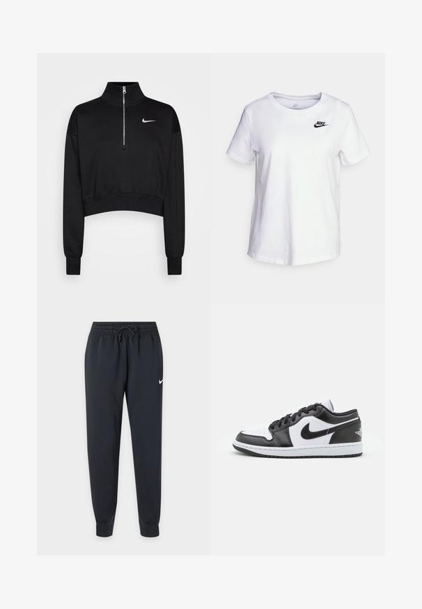 Čierny skrátený sveter s vysokým golierom, polovičným zipsom, rebrovanými manžetami a malým bielym logom Nike na ľavej hrudi. Mäkká textúra látky.; Biela bavlnená tričko s kulatým výstrihom a krátkymi rukávmi. Má čierne logo Nike na hornej ľavej oblasti hrudníka.; Čierne tepláky Nike s elastickým pásom a šnúrkou, zúžené nohavice, lemovanie na členkoch a malý biely Nike znak na pravom stehne.; Čierno-biele nízke tenisky Nike majú hladký kožený zvršok, okrúlu špičku, šnurovacie zapínanie a vzorovanú gumovú podrážku.