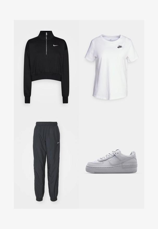 Schwarzer, kurzer Sweatshirt mit hohem Kragen, halbem Reißverschluss, gerippten Bündchen und kleinem weißen Nike-Logo auf der linken Brust. Weicher Stoff.; Weißes Baumwoll-T-Shirt mit Rundhalsausschnitt und kurzen Ärmeln. Mit einem schwarzen Nike-Logo auf der oberen linken Brustseite.; Schwarze Nike Jogginghosen aus leichtem Material, mit elastischem Bund und Bündchen, versehen mit einem kleinen weißen Logo am linken Bein.; Graue Nike Air Force 1 Sneaker mit perforierter Zehenpartie, Obermaterial aus glattem Leder, dicker Sohle und geprägtem 'AIR'-Detail an der Ferse.