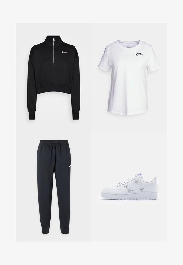 Sweatshirt noir court avec un col haut, fermeture à moitié zippée, poignets en côte et un petit logo Nike blanc sur la poitrine gauche. Texture de tissu doux.; T-shirt en coton blanc avec un col rond et des manches courtes. Présente un logo Nike noir dans la partie supérieure gauche de la poitrine.; Pantalon de survêtement Nike noir avec taille élastique et cordon, jambes fuselées, chevilles bord-côte et petit logo Nike blanc sur la cuisse droite.; Nike Sportswear AIR FORCE 1 - Baskets basses - white/hyper royal/black