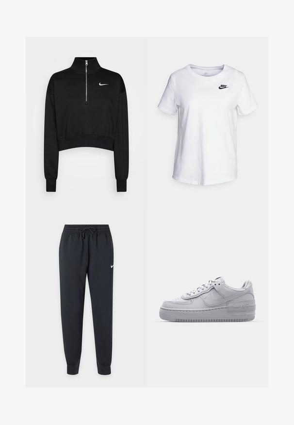 Schwarzer, kurzer Sweatshirt mit hohem Kragen, halbem Reißverschluss, gerippten Bündchen und kleinem weißen Nike-Logo auf der linken Brust. Weicher Stoff.; Weißes Baumwoll-T-Shirt mit Rundhalsausschnitt und kurzen Ärmeln. Mit einem schwarzen Nike-Logo auf der oberen linken Brustseite.; Schwarze Nike Jogginghose mit elastischem Bund und Kordelzug, schmal zulaufenden Beinen, Bündchen an den Knöcheln und kleinem weißen Nike-Swoosh am rechten Oberschenkel.; Graue Nike Air Force 1 Sneaker mit perforierter Zehenpartie, Obermaterial aus glattem Leder, dicker Sohle und geprägtem 'AIR'-Detail an der Ferse.