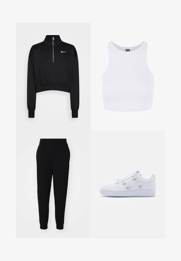 Sort cropped sweatshirt med høje krave, halv lynlås, ribbede manchetter og et lille hvidt Nike-logo på venstre bryst. Blød stoftekstur.; Hvid ribbet cropped tanktop med brede skulderstropper og en rund udskæring. Har en blød tekstur og et minimalistisk design uden mønstre.; Sorte joggerbukser lavet af blødt stof, med en tapered ben, elastisk talje og ribbede manchetter med sidesømmer for et skræddersyet udseende.; Nike Sportswear AIR FORCE 1 - Sneakers - white/hyper royal/black