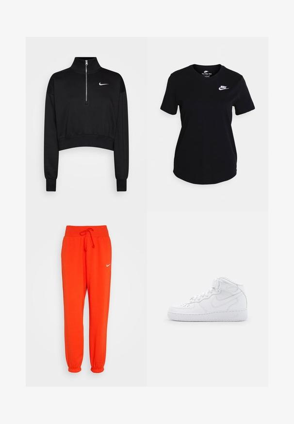 Zwarte cropped sweatshirt met een hoge kraag, halve rits, geribde manchetten en een klein wit Nike-logo op de linkerkant van de borst. Zachte stoffen textuur.; Zwarte katoenen T-shirt met korte mouwen, voorzien van een wit Nike-logo op de borst, ronde halslijn en een recht afgezette onderkant.; Nike Sportswear W PHNX FLC HR OS - Trainingsbroek - picante red/sail; Witte hoge sneakers van leer met een gevoerde kraag, geperforeerde neus, veters en een verstelbare enkelband; logo op de zijkant.