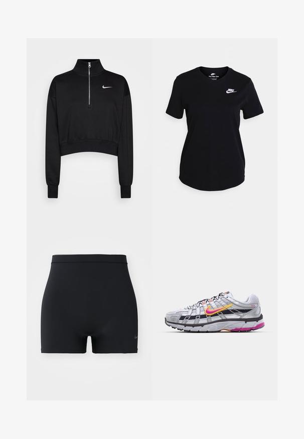 Sudadera negra corta con cuello alto, cierre de media cremallera, puños acanalados y un pequeño logo blanco de Nike en el lado izquierdo del pecho. Textura de tejido suave.; Camiseta de algodón negra de manga corta, con un logo blanco de Nike en el pecho, cuello redondo y un diseño de dobladillo recto.; Pantalones cortos deportivos negros hechos de un material suave y elástico, con una cinturilla de altura media y un pequeño logo de Nike en el lado izquierdo.; Zapatilla de running de malla gris con un distintivo swoosh en rosa y amarillo, acentos negros y una suela de goma texturizada. Cuenta con una puntera reforzada y un collar acolchado.