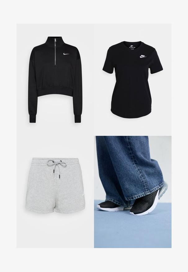 Sudadera negra corta con cuello alto, cierre de media cremallera, puños acanalados y un pequeño logo blanco de Nike en el lado izquierdo del pecho. Textura de tejido suave.; Camiseta de algodón negra de manga corta, con un logo blanco de Nike en el pecho, cuello redondo y un diseño de dobladillo recto.; Pantalones cortos de mezcla de algodón en gris claro con cinturilla elástica y cordón. Presentan un dobladillo curvado y un pequeño logo en la parte inferior izquierda.; Zapatillas deportivas negras con detalles de malla, suela blanca y amortiguación de aire visible, combinadas con jeans de pierna ancha de mezclilla azul.