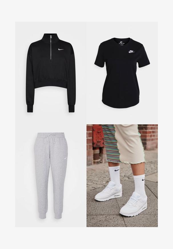 Melnā īsā svītra ar augstu apkakli, puszipsa aizdare, rievojumu aproces un neliels balts Nike logotips kreisajā krūtī. Mīksta auduma tekstūra.; Melnas kokvilnas T-krekls ar īsām piedurknēm, ar baltu Nike logo uz krūtīm, apaļu kakla izgriezumu un taisnu apakšmalu.; Gaiši pelēkas sporta bikses ar auklu jostasvietā, sašaurinātām kājām un mazu baltu logotipu kreisajā augšstilbā. Izgatavotas no mīksta, teksturēta auduma.; Baltas Nike Air Max 90 kedas ar mīkstu un ādas augšdaļu, ar redzamu gaisa vienību, apvienoti ar baltām ribotām zeķēm ar melnu logo.