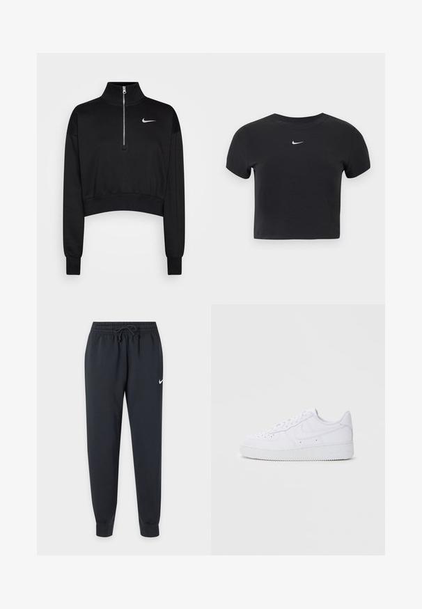 Zwarte cropped sweatshirt met een hoge kraag, halve rits, geribde manchetten en een klein wit Nike-logo op de linkerkant van de borst. Zachte stoffen textuur.; Zwart cropped t-shirt van katoen, met een ronde hals en korte mouwen. Opvallend wit Nike-logo op de borst.; Zwarte Nike sweatpants met elastische tailleband en trekkoord, taps toelopende pijpen, geribbelde enkels en een kleine witte Nike-swoosh op de rechterdij.; Witte Nike Air Force 1 sneakers met een leren bovenwerk, ronde neus, vetersluiting, gewatteerde kraag en textuurrubberzool.