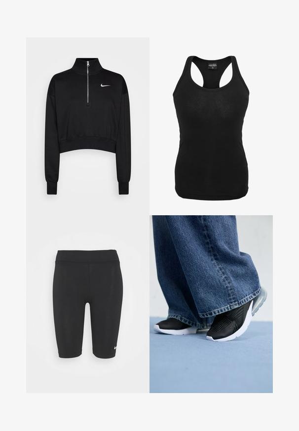 Sort cropped sweatshirt med høje krave, halv lynlås, ribbede manchetter og et lille hvidt Nike-logo på venstre bryst. Blød stoftekstur.; Sort tanktop lavet af blødt stof, med racerback-design og tætsiddende form. Glat overflade uden synlige mønstre eller hardware.; Sorte atletiske shorts lavet af strækbart stof, med en glat tekstur, midt på låret længde og et lille hvidt logo på det nederste venstre ben.; Sorte atletiske sko med mesh-detaljer, hvid sål og synlig luftpolstring, parret med blå denim bukser med vide ben.