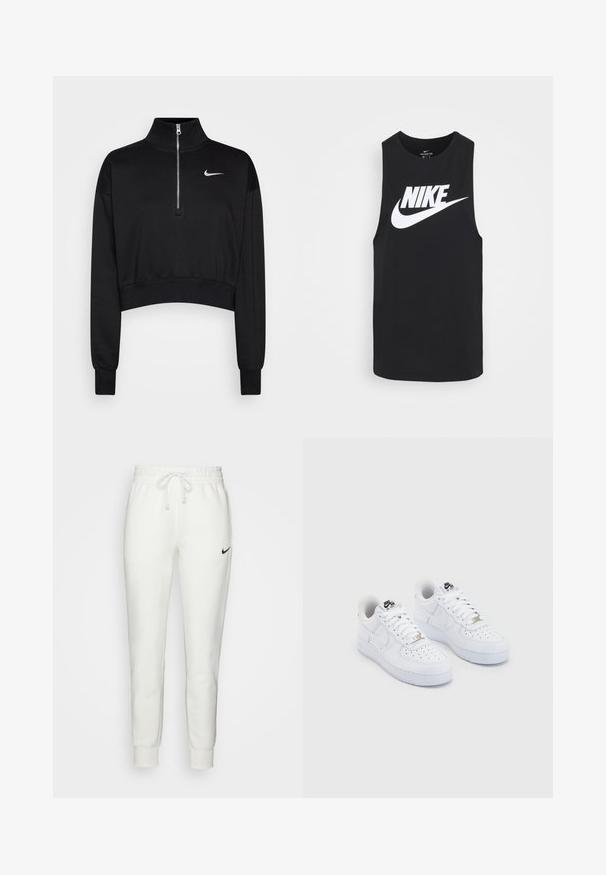 Sudadera negra corta con cuello alto, cierre de media cremallera, puños acanalados y un pequeño logo blanco de Nike en el lado izquierdo del pecho. Textura de tejido suave.; Camiseta atlética sin mangas de color negro, hecha de algodón, con un destacado logotipo de Nike en blanco en una fuente en negrita en la parte frontal.; Pantalones de chándal blancos de algodón con una cinturilla elástica, cordón ajustable y logo negro de Nike en el lado izquierdo. Puños ajustados en los tobillos.; Zapatillas Nike Air Force 1 blancas con una parte superior de cuero suave, puntera perforada, cordones blancos y un logotipo negro en la lengüeta.