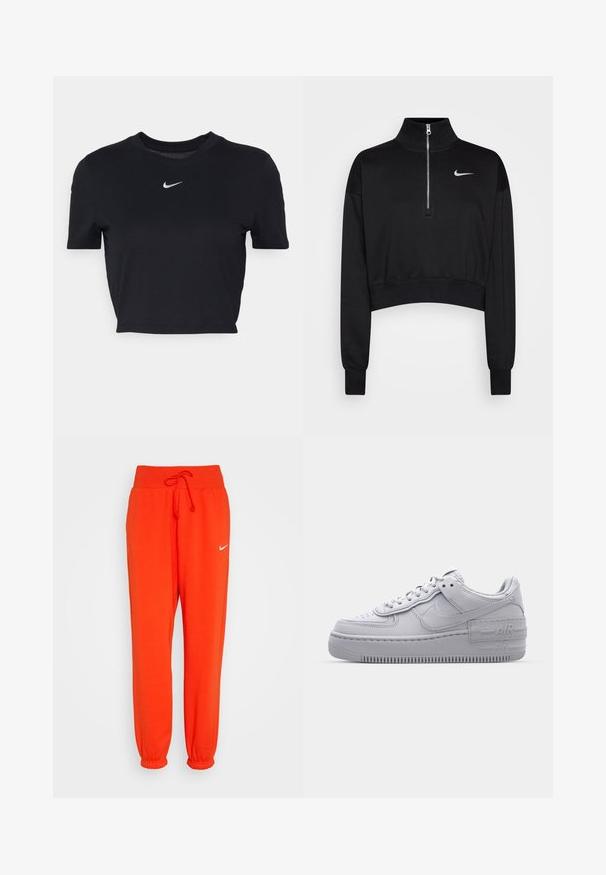 Zwarte cropped sweatshirt met een hoge kraag, halve rits, geribde manchetten en een klein wit Nike-logo op de linkerkant van de borst. Zachte stoffen textuur.; Nike Sportswear T-shirt basic - black; Nike Sportswear W PHNX FLC HR OS - Trainingsbroek - picante red/sail; Grijze Nike Air Force 1 sneaker met geperforeerde neus, glad leren bovenwerk, dikke zool en verhoogde 'AIR' details op de hiel.