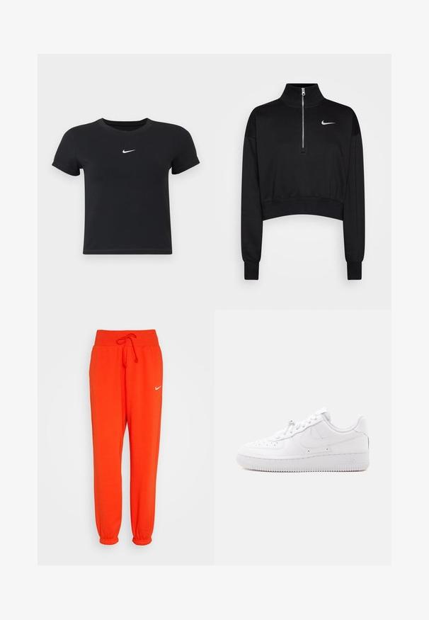 Sudadera negra corta con cuello alto, cierre de media cremallera, puños acanalados y un pequeño logo blanco de Nike en el lado izquierdo del pecho. Textura de tejido suave.; Camiseta negra de manga corta hecha de algodón con un cuello redondo. Presenta un logo blanco de Nike en el pecho, diseño minimalista y forma ajustada.; Nike Sportswear W PHNX FLC HR OS - Pantalones deportivos - picante red/sail; Zapatilla blanca de perfil bajo con puntera perforada, cierre de cordones, suela texturizada y un sutil logotipo de Swoosh en el lateral.