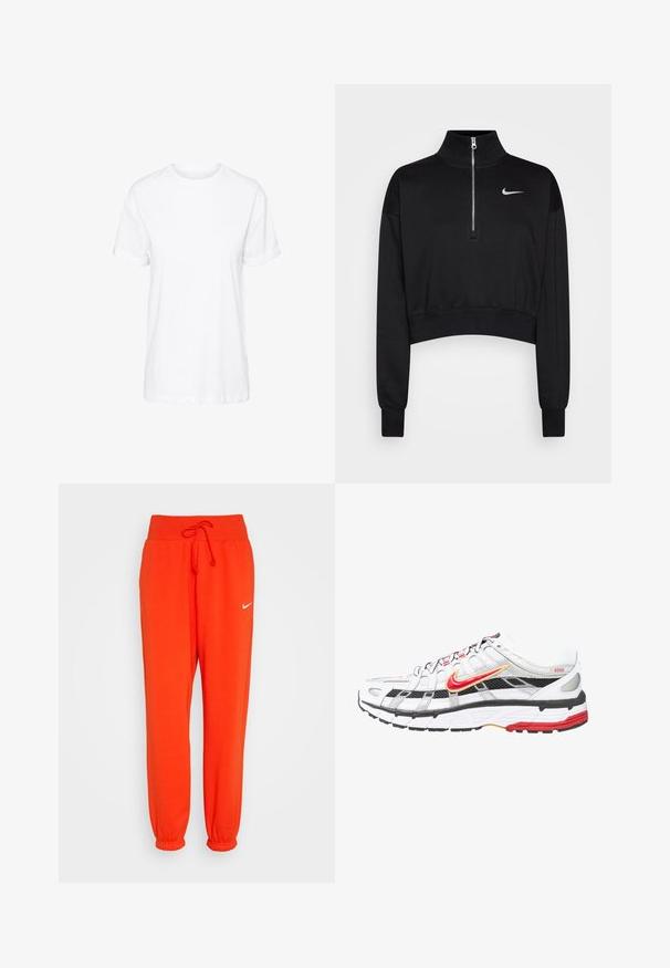 Sort cropped sweatshirt med høje krave, halv lynlås, ribbede manchetter og et lille hvidt Nike-logo på venstre bryst. Blød stoftekstur.; Hvid bomulds t-shirt med korte ærmer, rund hals og en afslappet pasform, med en glat tekstur og uden synlige mønstre.; Nike Sportswear W PHNX FLC HR OS - Træningsbukser - picante red/sail; Hvide og sorte atletiske sko med røde og gyldne accenter. Har en mesh-overdel, polstret sål og et sikkert snøredesign.