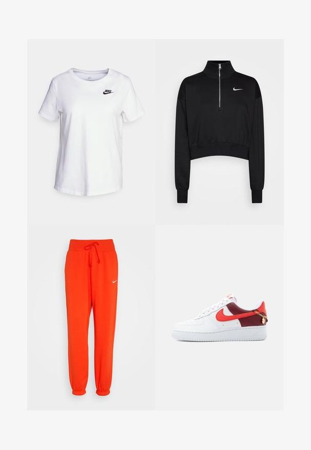 Schwarzer, kurzer Sweatshirt mit hohem Kragen, halbem Reißverschluss, gerippten Bündchen und kleinem weißen Nike-Logo auf der linken Brust. Weicher Stoff.; Weißes Baumwoll-T-Shirt mit Rundhalsausschnitt und kurzen Ärmeln. Mit einem schwarzen Nike-Logo auf der oberen linken Brustseite.; Nike Sportswear W PHNX FLC HR OS - Jogginghose - picante red/sail; Weißer Nike Air Force 1 Sneaker mit roten und weinroten Details, rotem Swoosh und einer kleinen goldenen Kette nahe der Ferse.