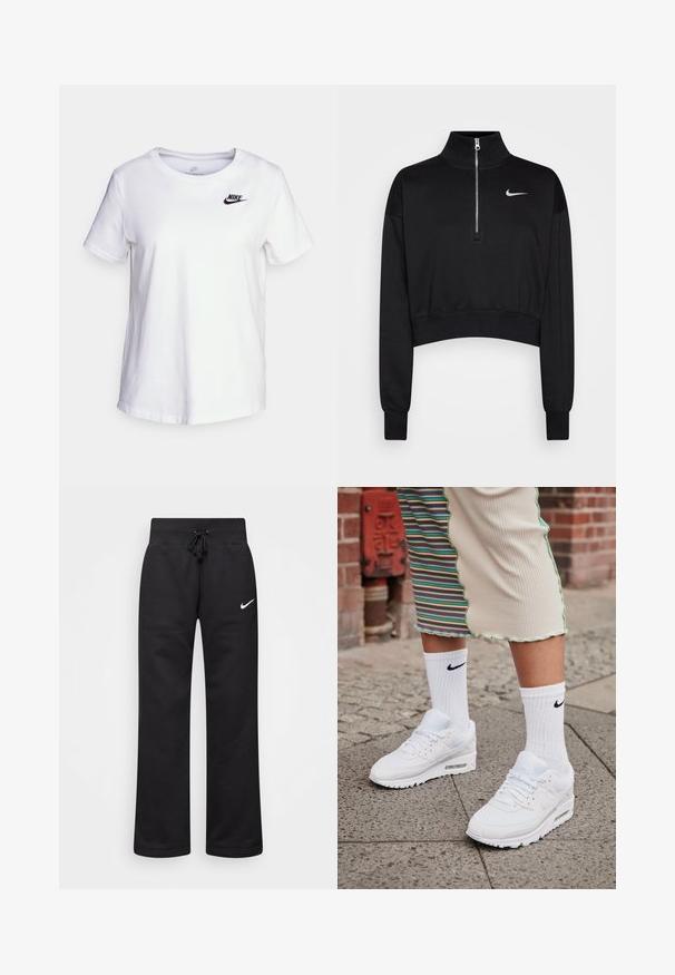 Sudadera negra corta con cuello alto, cierre de media cremallera, puños acanalados y un pequeño logo blanco de Nike en el lado izquierdo del pecho. Textura de tejido suave.; Camiseta de algodón blanca con cuello redondo y mangas cortas. Presenta un logotipo negro de Nike en la parte superior izquierda del pecho.; Pantalones de chándal negros hechos de una mezcla de algodón, con una cintura elástica ajustable, piernas rectas y un logo blanco de Nike en el lado izquierdo.; Zapatillas Nike Air Max 90 blancas con parte superior de malla y cuero, que cuentan con una unidad de aire visible, combinadas con calcetines blancos con relieve y logotipo negro.