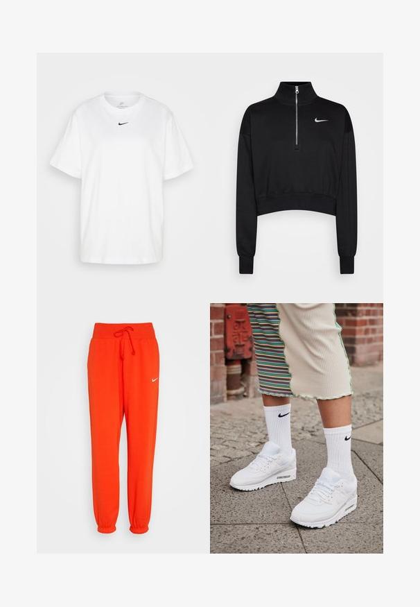Čierny skrátený sveter s vysokým golierom, polovičným zipsom, rebrovanými manžetami a malým bielym logom Nike na ľavej hrudi. Mäkká textúra látky.; Biela bavlnená tričko s okrúhlym výstrihom, krátkymi rukávmi a čiernym logom Nike potlačeným na hrudníku. Jednoduchý a klasický dizajn.; Nike Sportswear W PHNX FLC HR OS - Tepláky - picante red/sail; Biele tenisky Nike Air Max 90 s vrchnou časťou z kombinácie sieťovaného a koženého materiálu, s viditeľnou vzduchovou jednotkou, v kombinácii s bielymi rebrovanými ponožkami s čiernym logom.
