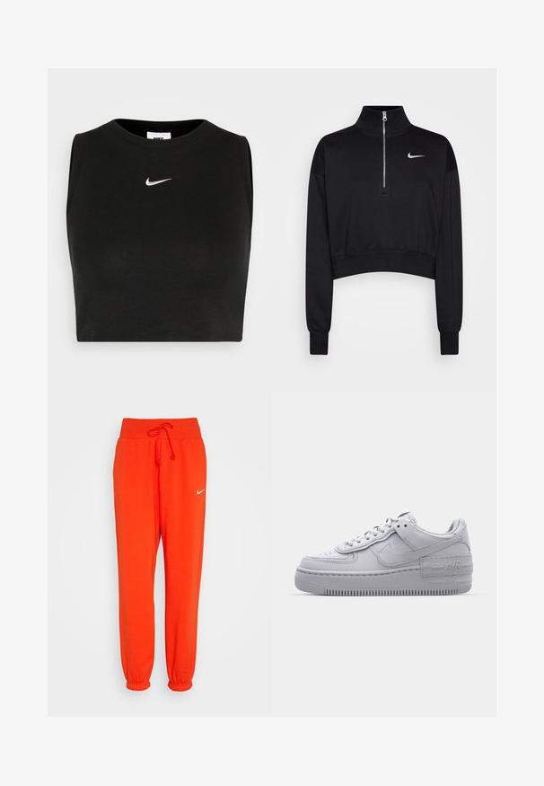 Čierny skrátený sveter s vysokým golierom, polovičným zipsom, rebrovanými manžetami a malým bielym logom Nike na ľavej hrudi. Mäkká textúra látky.; Čierny bezrukávový crop top vyrobený z rebrového materiálu, s okrúhlym výstrihom a malým bielym logom Nike na hrudi.; Nike Sportswear W PHNX FLC HR OS - Tepláky - picante red/sail; Šedé tenisky Nike Air Force 1 s perforovanou špičkou, hladkým koženým zvrškom, hrubou podrážkou a embosovaným detailom 'AIR' na päte.
