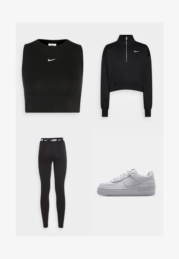 Sudadera negra corta con cuello alto, cierre de media cremallera, puños acanalados y un pequeño logo blanco de Nike en el lado izquierdo del pecho. Textura de tejido suave.; Top corto negro sin mangas hecho de material acanalado, con cuello redondo y un pequeño logo blanco de Nike en el pecho.; Leggings atléticos negros con una cintura alta que presentan un logo blanco de Nike. La tela es suave y elástica, diseñada para ropa de actividad.; Zapatilla Nike Air Force 1 gris con puntera perforada, parte superior de cuero suave, suela gruesa y detalle en relieve 'AIR' en el talón.