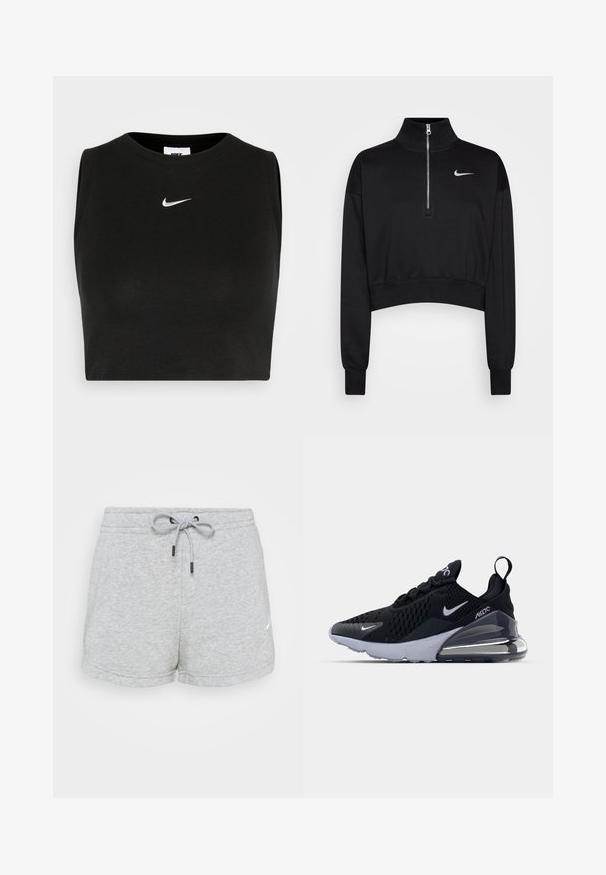 Sudadera negra corta con cuello alto, cierre de media cremallera, puños acanalados y un pequeño logo blanco de Nike en el lado izquierdo del pecho. Textura de tejido suave.; Top corto negro sin mangas hecho de material acanalado, con cuello redondo y un pequeño logo blanco de Nike en el pecho.; Pantalones cortos de mezcla de algodón en gris claro con cinturilla elástica y cordón. Presentan un dobladillo curvado y un pequeño logo en la parte inferior izquierda.; Zapatilla deportiva negra con parte superior de malla, que presenta un logo de swoosh blanco, unidad de aire visible y una suela texturizada. Los acentos incluyen una pestaña de tirado trasera.