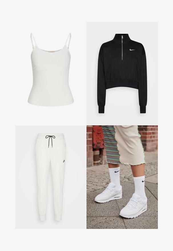 Sort cropped sweatshirt med høje krave, halv lynlås, ribbede manchetter og et lille hvidt Nike-logo på venstre bryst. Blød stoftekstur.; Hvid ærmeløs top med justerbare stropper, tætsiddende design, glat stofstruktur og rund halsudskæring. Ingen mønstre eller hardware detaljer.; Hvide sweatpants lavet af blødt stof, med en elastisk talje, justerbar sort snor og et lille sort logo på låret.; Hvide Nike Air Max 90 sneakers med mesh og læderoverdel, der har en synlig luftenhed, parret med hvide ribbede sokker med sort logo.
