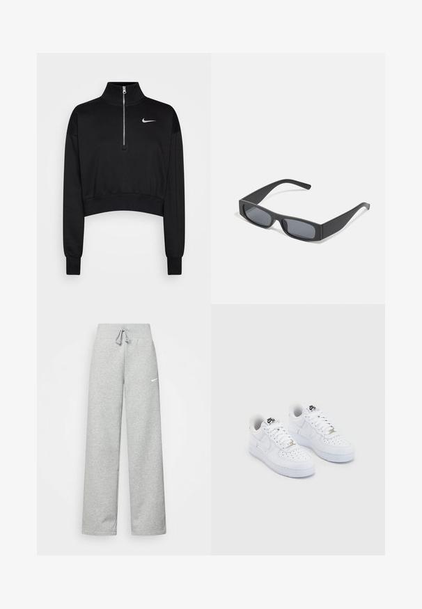 Melnā īsā svītra ar augstu apkakli, puszipsa aizdare, rievojumu aproces un neliels balts Nike logotips kreisajā krūtī. Mīksta auduma tekstūra.; Pelēkas sporta bikses ar elastīgu jostasvietu, aukliņu detalizācijām un mazu baltu Nike logotipu kreisajā augšstilbā. Mīksta auduma, brīvi pieguļošas.; Baltas Nike Air Force 1 apavi ar gludu ādas augšējo daļu, perforētu purngalu, baltām auklām un melnu zīmolu uz mēles.; Melni taisnstūrveida saulesbrilles ar tumšiem stikliem un bieziem matētiem rāmiem. Rāmju kājas ir nedaudz sašaurinātas ar gludu tekstūru.