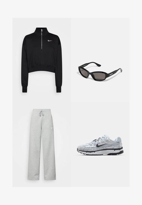 Black cropped sweatshirt with a high collar, half-zip closure, ribbed cuffs, and a small white Nike logo on the left chest. Soft fabric texture.; Gray sweatpants with an elastic waistband, drawstring detail, and a small white Nike logo on the left thigh. Soft fabric, loose fitting.; Nike P-6000 sneakers with a light grey mesh upper, black accents, and a durable black rubber sole. Features intricate design and lacing system.; Black sunglasses with a rectangular frame, dark lenses, smooth plastic material, and a metallic accent on the temple.