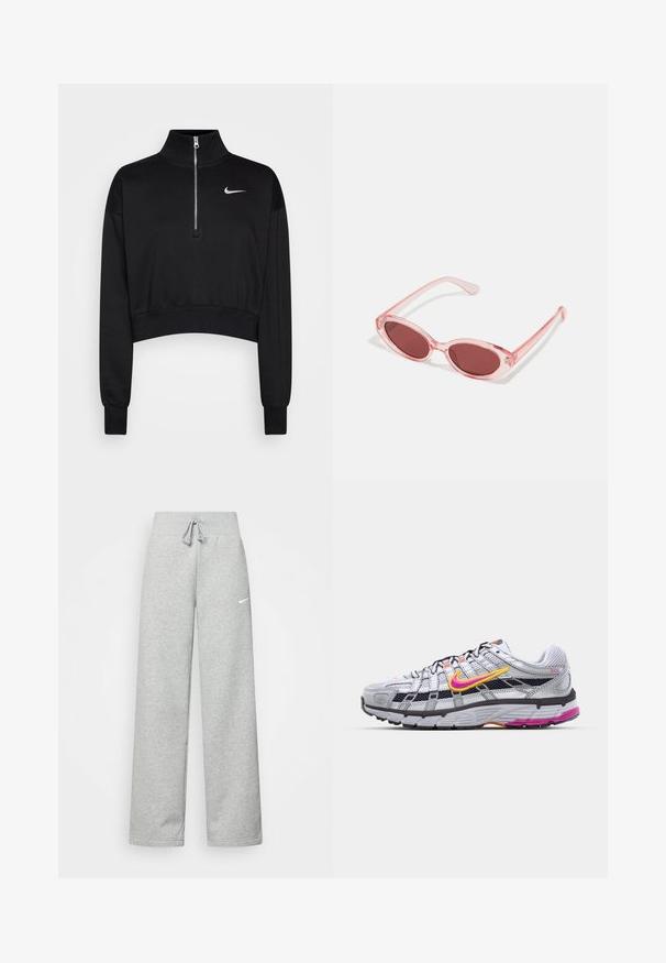 Čierny skrátený sveter s vysokým golierom, polovičným zipsom, rebrovanými manžetami a malým bielym logom Nike na ľavej hrudi. Mäkká textúra látky.; Šedé tepláky s elastickým pásom, detailom na šnúrku a malým bielym logom Nike na ľavom stehne. Mäkká tkanina, voľný strih.; Šedé bežecké topánky z materiálu mesh s charakteristickým ružovým a žltým piktogramom, čiernymi akcentmi a textúrovanou gumovou podrážkou. Obsahujú zosilnenú špičku a polstrovaný golier.; Ružové priehľadné slnečné okuliare s oválnymi šošovkami, tmavočerveným tónovaním a štíhlymi ramenami, so hladkým povrchom a jemnými detailmi na ráme.