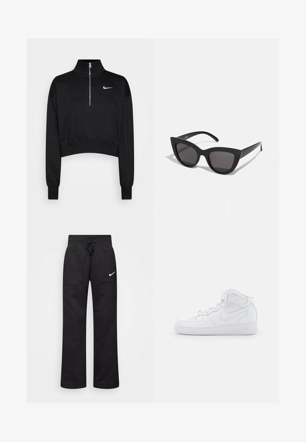 Sort cropped sweatshirt med høje krave, halv lynlås, ribbede manchetter og et lille hvidt Nike-logo på venstre bryst. Blød stoftekstur.; Sorte sweatpants lavet af en bomuldsblanding, med en snøre i taljen, lige ben og et hvidt Nike-logo på venstre side.; Hvide høj-top sneakers lavet af læder med polstret krave, perforeret tå, snørebånd og justerbar ankelrem; logo på siden.; Sorte cat-eye solbriller med mat finish, der har grå tonede linser, skarpe vinkler og slanke sidearme. Mærkenavnet er synligt på den indre arm.