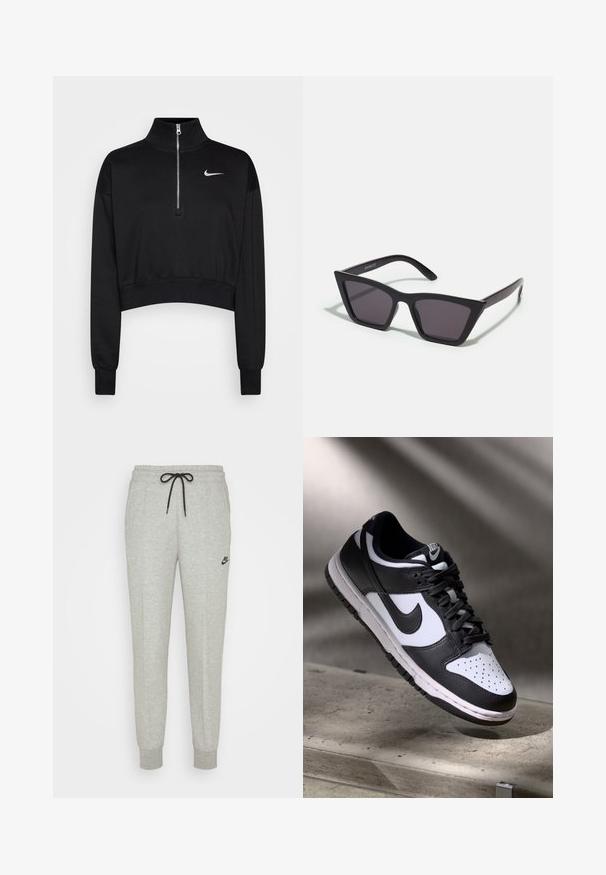 Čierny skrátený sveter s vysokým golierom, polovičným zipsom, rebrovanými manžetami a malým bielym logom Nike na ľavej hrudi. Mäkká textúra látky.; Šedé tepláky vyrobené z mäkkého materiálu, s elastickým pásom, čiernym šnúrkou a malým čiernym logom Nike na ľavom stehne.; Čierno-biele tenisky Nike Dunk Low s koženým zvrškom, perforovanou špičkou a čiernymi šnúrkami, so bielou podrážkou a logovými akcentmi.; Čierne, ostré slnečné okuliare so sivými sklami; vyrobené z plastu, majú hrubé ramená s hladkým povrchom a bez viditeľnej mechaniky.