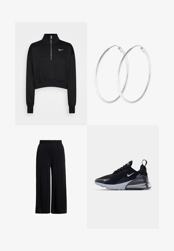 Sort cropped sweatshirt med høje krave, halv lynlås, ribbede manchetter og et lille hvidt Nike-logo på venstre bryst. Blød stoftekstur.; Sorte bukser med vide ben og elastik i taljen, lavet af let stof for en afslappet pasform.; Sort atletiske sneakers med en mesh-overdel, der har et hvidt swoosh-logo, synlig Air-enhed og en tekstureret ydersål. Detaljer inkluderer en bageste trækstrop.; Sølvfarvede hoop øreringe med en glat, rund form og en poleret overflade. Begge øreringe er i samme størrelse og har en sikker lukke mekanisme.