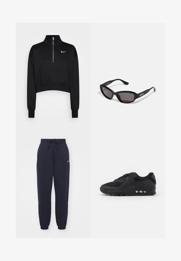 Sweatshirt noir court avec un col haut, fermeture à moitié zippée, poignets en côte et un petit logo Nike blanc sur la poitrine gauche. Texture de tissu doux.; Pantalon de survêtement Nike en bleu marine, fabriqué dans un matériau doux. Présente une taille élastique avec un cordon de serrage et des chevilles resserrées. Petite accentuation logo blanche.; Baskets de sport noires avec une tige en cuir lisse et en mesh, bout rond, accents texturés, et une unité d'air visible dans la semelle.; Lunettes de soleil noires avec une monture rectangulaire, des verres sombres, un matériau plastique lisse et un accent métallique sur la branche.
