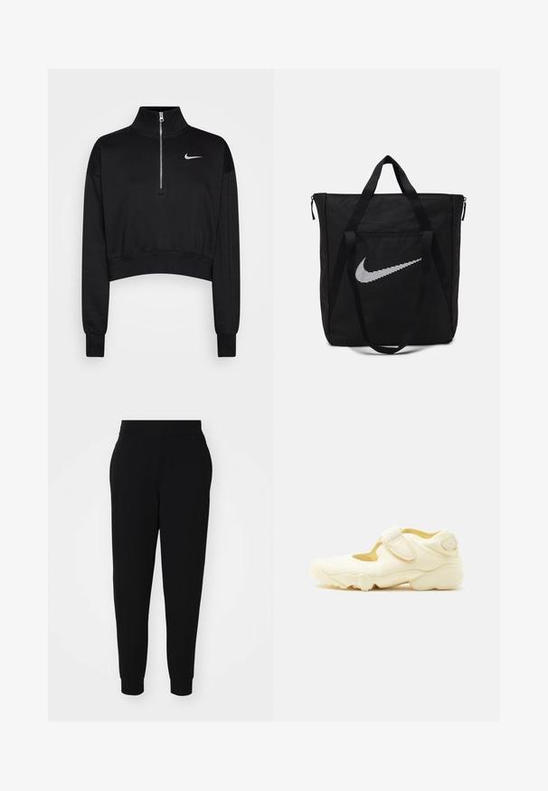 Sort cropped sweatshirt med høje krave, halv lynlås, ribbede manchetter og et lille hvidt Nike-logo på venstre bryst. Blød stoftekstur.; Sorte joggerbukser lavet af blødt stof, med en tapered ben, elastisk talje og ribbede manchetter med sidesømmer for et skræddersyet udseende.; Beige sportssko med tyk sål, udskæringsdesign og to justerbare velcroremme på hvid baggrund.; Sort nylon tote taske med to solide håndtag og lynlås lukning. Har et fremtrædende hvidt Nike swoosh-logo i et horisontalt stribet design.