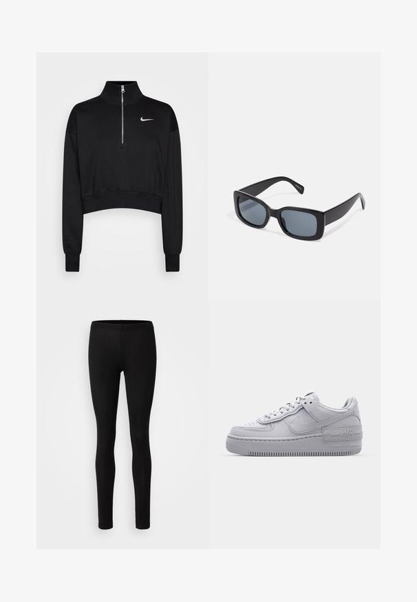 Sudadera negra corta con cuello alto, cierre de media cremallera, puños acanalados y un pequeño logo blanco de Nike en el lado izquierdo del pecho. Textura de tejido suave.; Leggings negros hechos de una tela suave y elástica. Tienen un ajuste ceñido con una cintura elástica y una textura suave y mate.; Zapatilla Nike Air Force 1 gris con puntera perforada, parte superior de cuero suave, suela gruesa y detalle en relieve 'AIR' en el talón.; Gafas de sol rectangulares negras con lentes oscuros, montura de plástico grueso y patillas anchas. Superficie lisa y diseño anguloso.