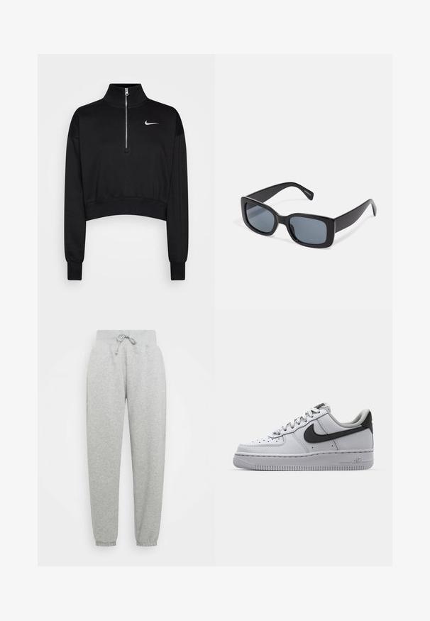 Sort cropped sweatshirt med høje krave, halv lynlås, ribbede manchetter og et lille hvidt Nike-logo på venstre bryst. Blød stoftekstur.; Grå sweatpants med elastisk talje, justerbar snøre og ribbede manchetter. Lavet af blødt stof; har to sidelommer.; Hvide lædersko med grå accenter, rund tå, tekstureret overflade, polstret krave og kontrasterende sort swoosh-logo. Luftdæmpende sål.; Sorte rektangulære solbriller med mørkt tonede linser, tyk plastramme og brede stænger. Glat overflade og kantet design.