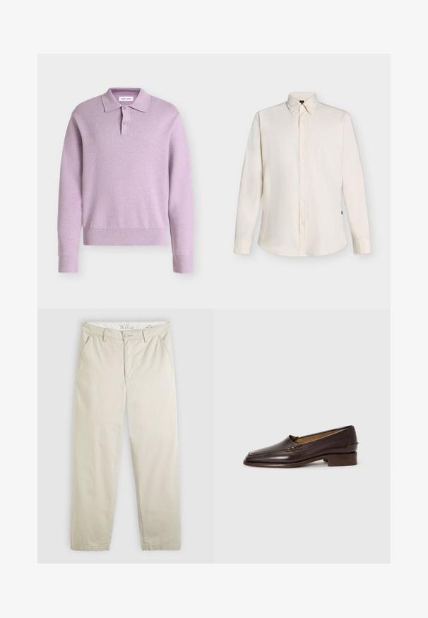 Pull polo en maille à manches longues lilas avec deux boutons sur la patte et poignets et ourlet en côtes, sur fond uni.; Chemise beige à manches longues boutonnée, col pointu et poignets standards, présentée sur un fond clair uni.; Pantalon chino beige clair à jambes droites avec poches avant, passants pour ceinture, fermeture boutonnée et braguette zippée, présenté à plat sur fond blanc.; Mocassins en cuir marron avec un bout légèrement pointu, un petit talon empilé et des coutures décoratives sur le dessus. Texture lisse, design minimaliste.
