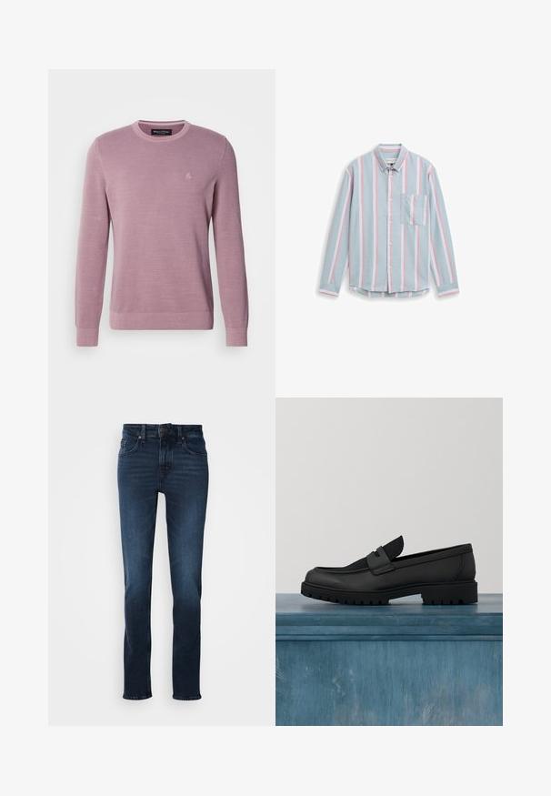 Lyse lilla strikket sweater med rund halsudskæring, lange ærmer, ribbede manchetter og kant, med et subtilt logo på brystet.; Lyseblå skjorte med lyse lodrette hvide og lyserøde striber, en forlommer på venstre side og en knappet krave.; Mørkeblå denim jeans med lige ben-design, fem-lomme stil, frontknaplukning og subtilt slid på lårene.; Sort lædersko uden snørebånd med en tekstureret stofdetalje, en robust gummisål og en glat finish. Har diskrete syningsdetaljer.