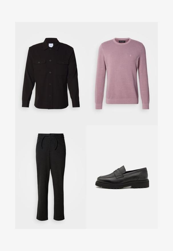 Lyse lilla strikket sweater med rund halsudskæring, lange ærmer, ribbede manchetter og kant, med et subtilt logo på brystet.; Sort skjorte med lange ærmer, knaplukning foran, to brystlommer og en struktureret krave. Fremstillet af et ensartet stof med en glat tekstur.; Sorte strikbukser med snoreliv, lige ben og sidelommer. Blød tekstur med en glat overflade.; Sort læder loafersko med rund tå, syningsdetaljer og en tyk, struktureret sål. Har et elegant, minimalistisk design.