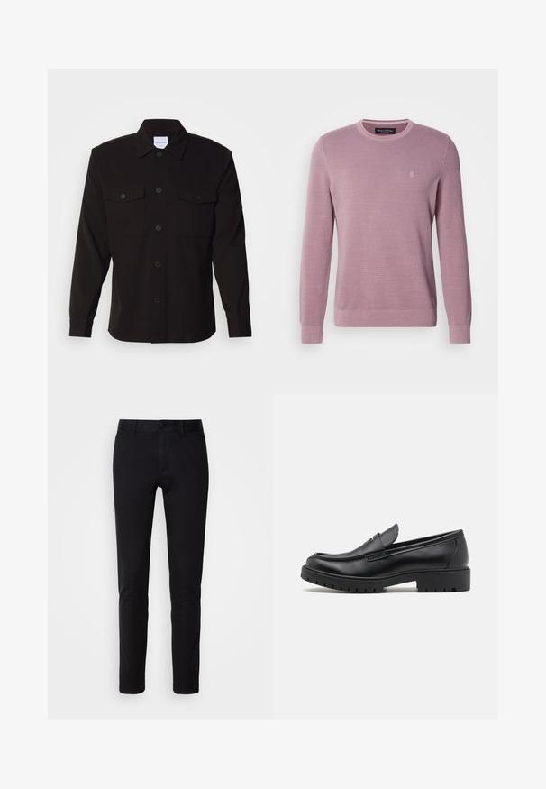 Lyse lilla strikket sweater med rund halsudskæring, lange ærmer, ribbede manchetter og kant, med et subtilt logo på brystet.; Sort skjorte med lange ærmer, knaplukning foran, to brystlommer og en struktureret krave. Fremstillet af et ensartet stof med en glat tekstur.; Sorte bukser lavet af glat bomuldsstof, med en lige ben design, forlommer, en knaplukning og en ren finish.; Sorte læder loafers med rund tå, slip-on design og tyk gummisål med tekstureret greb. Forhøjet hæl og subtile syninger.