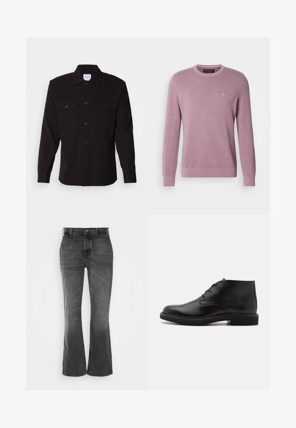 Suéter de punto color lila claro con cuello redondo, mangas largas, puños y bajo acanalados, que presenta un logotipo sutil en el pecho.; Camisa negra de manga larga con un frente abotonado, dos bolsillos en el pecho y un cuello estructurado. Fabricada con una tela sólida de textura suave.; Jeans de campana grises de mezclilla, con un diseño clásico de cinco bolsillos, cierre de botón y una sutil textura desgastada.; Bota de tobillo de cuero negro con tres ojales para cordones, puntera redondeada y suela plana sobre un fondo liso y claro.