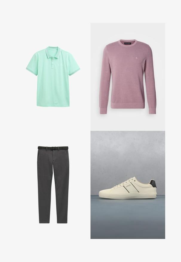 Lyse lilla strikket sweater med rund halsudskæring, lange ærmer, ribbede manchetter og kant, med et subtilt logo på brystet.; Mintgrøn polo-skjorte med en tre-knaps placket, kontrasterende hvid krave og ærmer. Har en subtil tekstur og broderet mærke på brystet.; Grå bukser lavet af vævet stof, med lige skæring, sidelommer og et sort læderbælte med en sølvspænde.; Cremefarvede sneakers med en glat tekstur, der har sorte accenter og branding. Klassisk snørebåndsdesign med rund tå og gummisål.