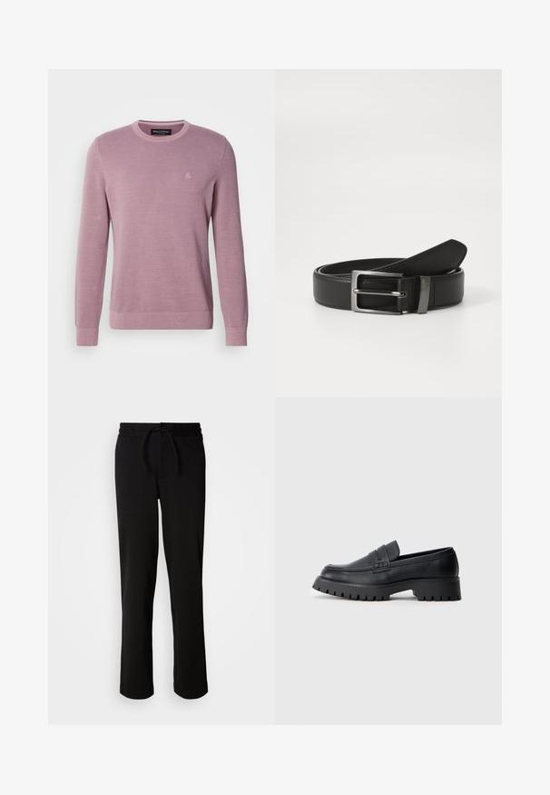 Lyse lilla strikket sweater med rund halsudskæring, lange ærmer, ribbede manchetter og kant, med et subtilt logo på brystet.; Sorte sweatpants med snor i taljen, lavet af blødt og strækbart stof. Har en afslappet pasform med lige ben og uden synlige lommer.; Sorte læder loafers med en rund tå, prydet med en dekorativ rem og en kraftig gummisål med dybe riller for grip.; Sort læderbælte med en sølvmetal spænde, der har en glat overflade og et klassisk design. Bæltet er pænt foldet.