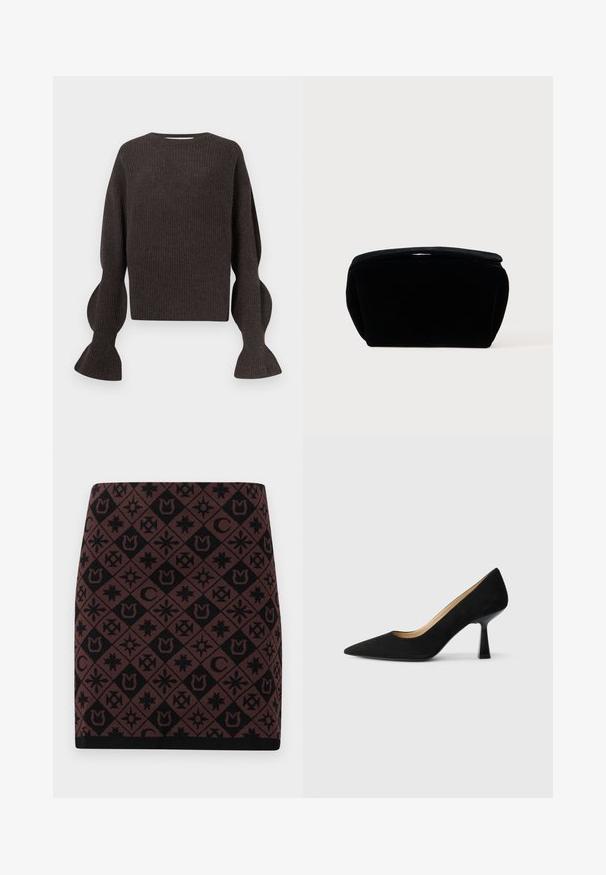 Mørkebrun strikket sweater med rund halsudskæring, ballonsleeves og ribbet tekstur. Har en cropped design og en subtil gennemsigtighed.; Strikket nederdel med et geometrisk mønster i sort og brun med forskellige symboler, en tætsiddende form og en sort talje ved kanten.; Sorte ruskinds højhælede pumps med spids tå, der har en blank sort blokhæl og en glat indvendig foring.; Blandet kosmetikpung af sort fløjl med en blød, tekstureret overflade, rund top og lynlåslukning. Kompakt design, velegnet til forskellige opbevaringsbehov.