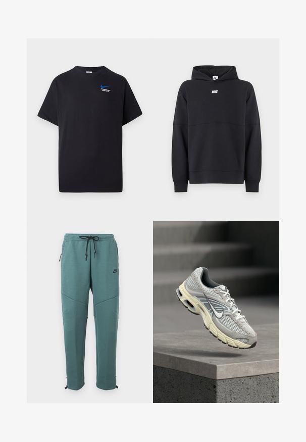 Zwarte Nike hoodie met voorkantlogo, lange mouwen, geribde boorden en een capuchon, afgebeeld tegen een effen lichte achtergrond.; Zwart T-shirt met korte mouwen met een kleine blauwe Nike swoosh en witte tekst "ATHLETIC DEPT JUST DO IT." op de bovenlinker borst.; Turquoise Nike joggingbroek met een zwarte tailleband met trekkoord, zijzakken met rits, kniepanelen en taps toelopende pijpen met verstelbare manchetten.; Grijs-witte Nike hardloopschoen met gevoerde zool zweeft boven een betonnen trede in een buitenomgeving.