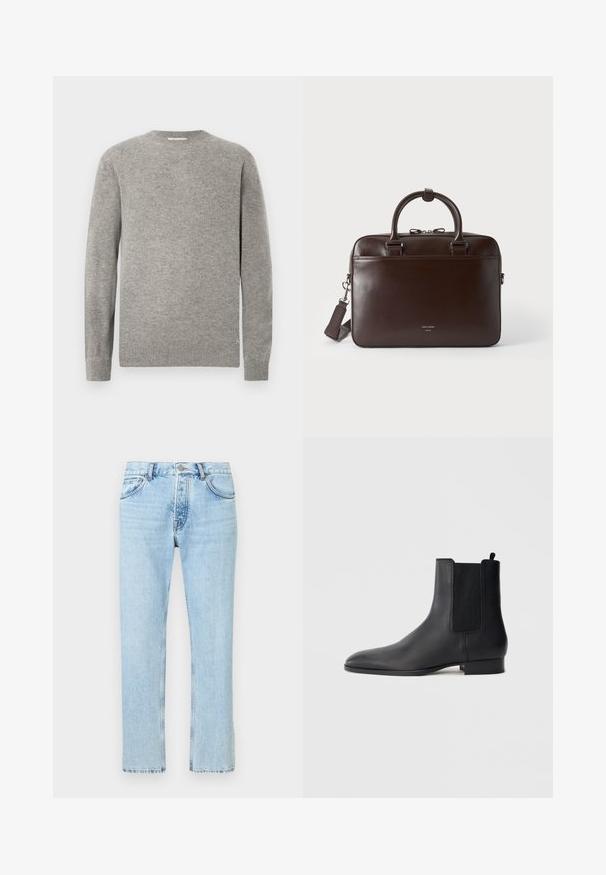 Pull gris en tricot avec un col rond, manches longues, poignets et ourlet côtelés. Texture lisse, design minimaliste, sans motifs visibles.; Jean en denim bleu clair à coupe droite, doté d'un design à cinq poches, de passants pour ceinture et d'une braguette zippée avec une fermeture par bouton en métal.; Botte Chelsea en cuir noir avec panneaux latéraux élastiques et petit talon empilé, vue de profil sur un fond clair uni.; Serviette en cuir brun foncé avec deux poignées, une bandoulière détachable et un petit logo à l'avant sur un fond uni.